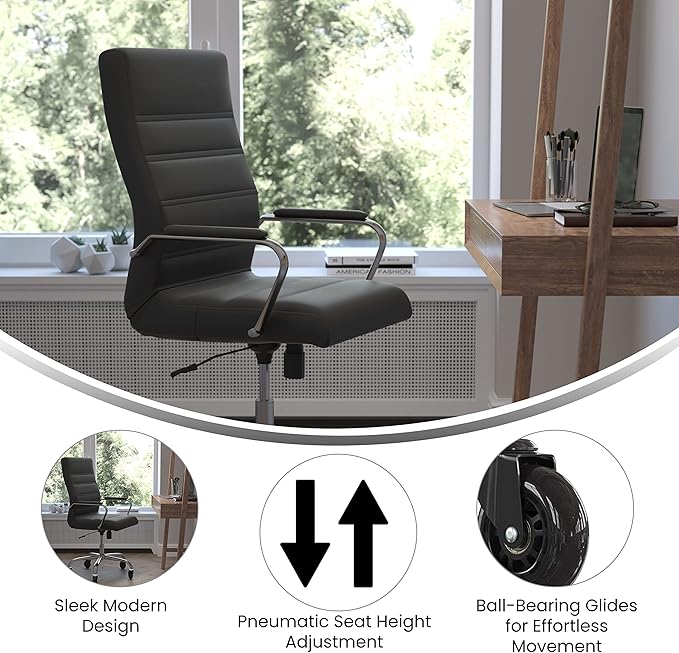 Flash Furniture Whitney High Back Black LeatherSoft Executive Swivel Office Chair with Chrome Frame, Arms, and Transparent Roller Wheels