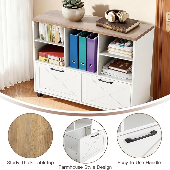 HOMREST 39.3" Lateral File Cabinet with Wheels, Farmhouse Wood File Cabinet with Drawers, Small Home Office File Cabinet with Thick Countertop, Rolling File Cabinet for Legal/Letter/ A4 Size, White
