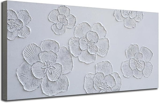 Arjun Flower Canvas Wall Art Textured Hand Painted Painting, Elegant Modern White Floral Picture for Living Room Bedroom Home Office Wall Décor, Large Framed Picture 40"x20"