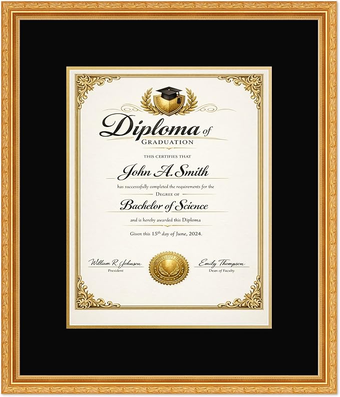 CountryArtHouse Diploma Frame Fits 11 x 14 College Diploma (Portrait) - Keepsake Graduation Display Museum Gold Genuine Hardwood with Black Over Metallic Gold Double mat