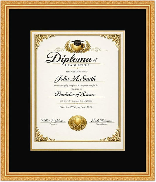 CountryArtHouse Diploma Frame Fits 11 x 14 College Diploma (Portrait) - Keepsake Graduation Display Museum Gold Genuine Hardwood with Black Over Metallic Gold Double mat