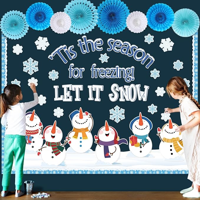 Winter Bulletin Board Set Let It Snow Wonderland Classroom Decorations Snowman Snowflake Paper Cutouts with Paper Fans for Winter Holiday School Classroom Home Wall Decor