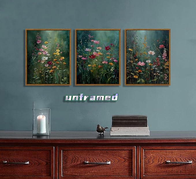 3Pcs Dark Green Floral Canvas Wall Art Moody Wildflowers Poster Prints Vintage Nature Rustic Botanical Flowers Pictures for Bedroom Living Room Office Bathroom Wall Decor 16x24in Unframed