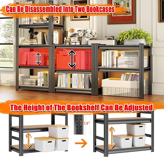 30"W Steel and wood Book Shelf, 5 Tier Wooden Bookcase, 1500LBS Display Shelving, Adjustable Utility Shelf Organizere, Standing Storage Shelves for Study, Bedroom, Living Room and Home Office, Black
