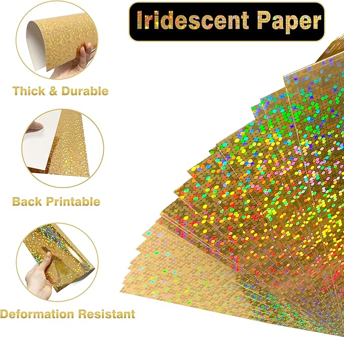 Holographic Gold Cardstock Paper 20 Sheets, 8.5x11 Inch Premium 92lb/250GSM Glitter Iridescent Mirror Paper for Invitations, DIY Crafts, Scrapbooking, Birthday Party Decorations ﻿