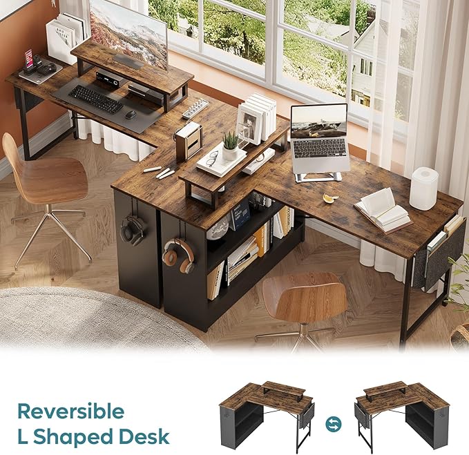 Bestier Small L Shaped Desk with LED Lights, 42 Reversible Computer Desk with Open Storage Cabinet & Monitor Stand, Corner Desk with Side Storage Bag for Home Office Bedroom, Rustic Brown