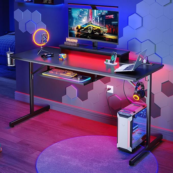 Bestier 63 Inch Gaming Desk with Power Outlets & LED Lights, Large Computer Desk with Monitor Stand & Keyboard Tray Home Office Table with Cup Holder & Headset Hook, Carbon Fiber Black