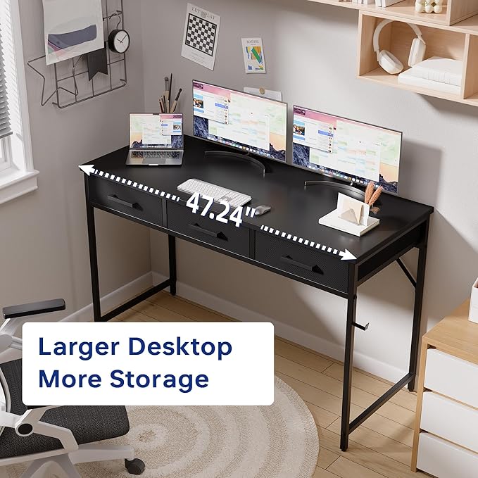 Pamray 47 Inch Small Computer Desk with 3 Drawers for Bedroom Study Writing Home Office Table for Small Spaces Grey