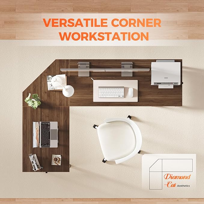Mericonia 66 inch Large L Shaped Desk, Simple Corner Gaming Desk with CPU Stand & Hooks, Computer Desk for Home, Bedroom & Office Workspace, Walnut