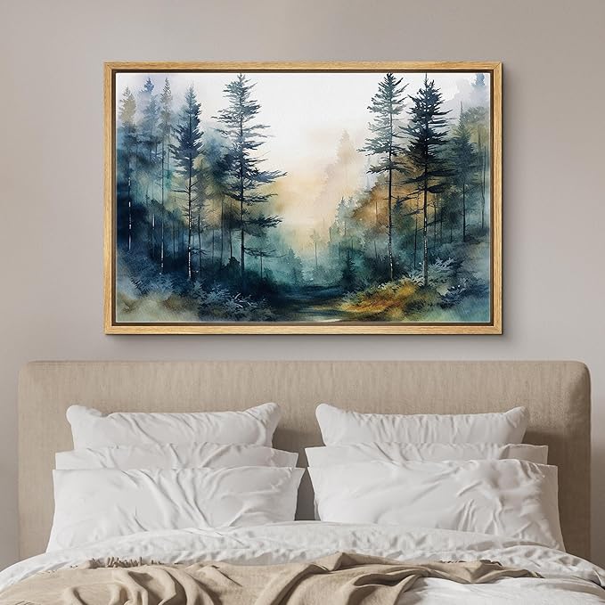 SIGNFORD Framed Canvas Print Wall Art Pine Tree Forest Nature Wilderness Realism Decorative Landscape Relax/Calm for Living Room, Bedroom, Office - 16"x24" Natural