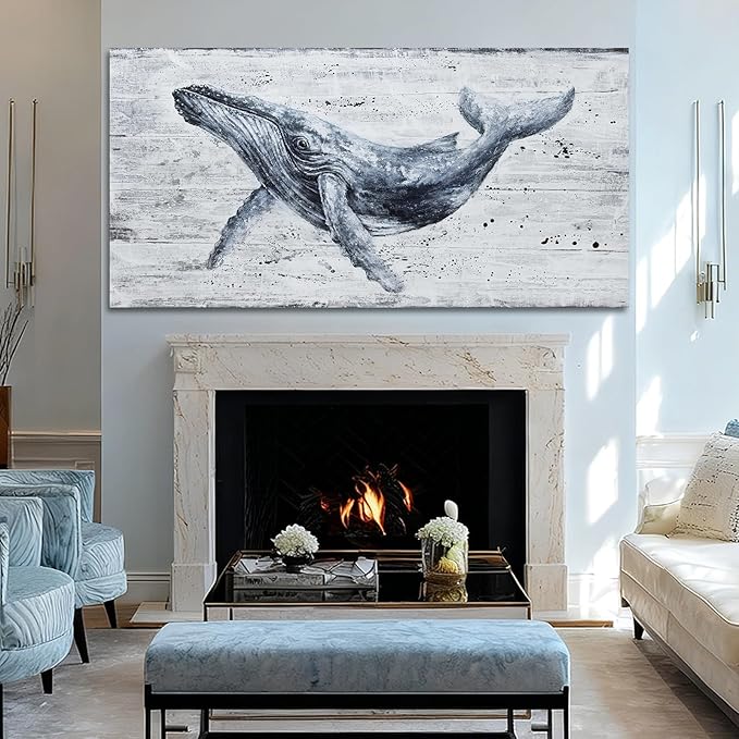 ZUNARE Modern Abstract Whale Canvas Wall Art Deep Blue Ocean Animal Posters Picture Minimalist Nautical Artwork for Living Room Bedroom Office Wall Decor 24x48 inch