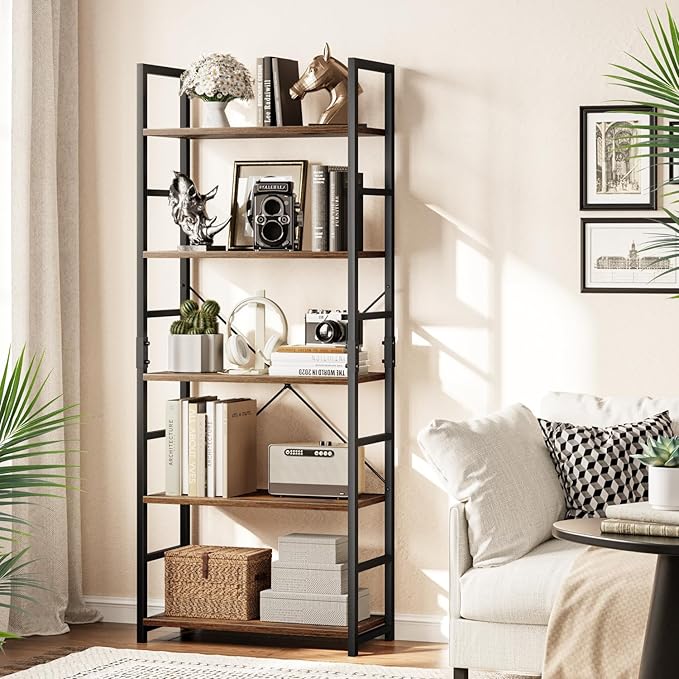 OTK 5 Tier Bookshelf, Tall Bookcase, Office Shelf Storage Organizer, Modern Book Shelf for Living Room, Bedroom, and Home Office, Vintage