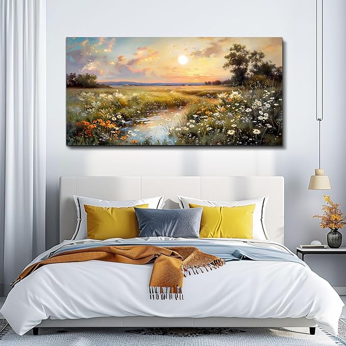 hyidecorart Vintage Farmhouse Wildflower Wall Paintings Canvas Wall Art for Living Room Wall Decor for Bedroom Office Decorations Nature Landscape Picture Artwork Aesthetic Home Decor Ready To Hang