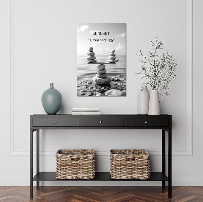 YIOZHAOFH Mindset Wall Art for Zen Office Inspirational Pictures Wall Decor Motivational Quotes Canvas Art Black and White Landscape Nature Print Poster Painting Framed for Meditation Spa Room Bedroom (12L x 16W)