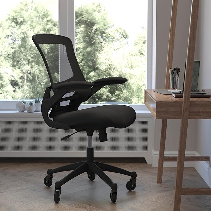 Flash Furniture Kelista Mid-Back Black Mesh Swivel Ergonomic Task Office Chair with Flip-Up Arms and Transparent Roller Wheels