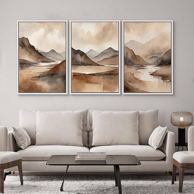 SIGNWIN Framed Canvas Print Wall Art Set Landscape Serene Mountain and River Scene in Warm Earth Tones Illustrations Modern Art Decorative Abstract for Living Room, Bedroom, Office - 24"x36"x3 White