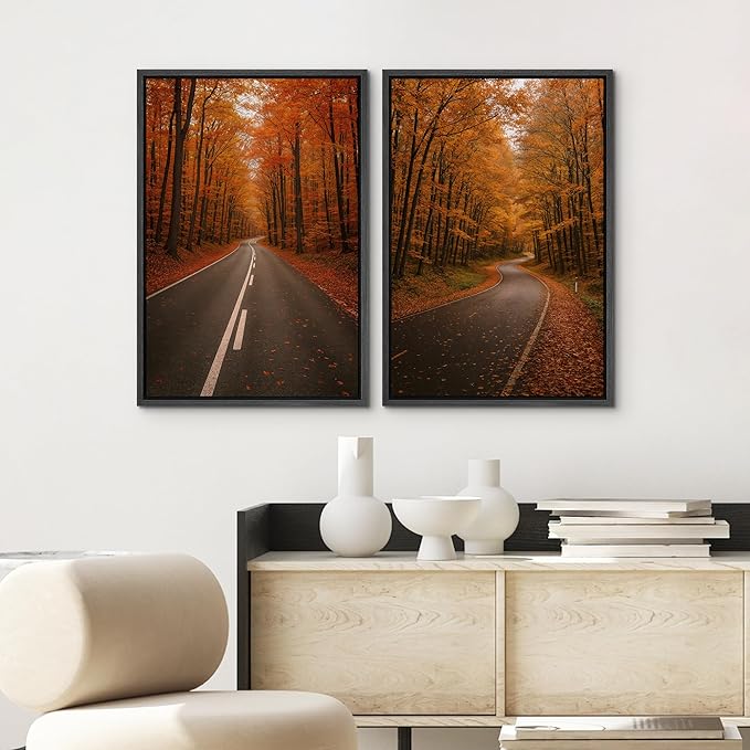 SIGNWIN Framed Canvas Print Wall Art Set Autumn Forest Road Nature Landscape Illustrations Modern Art Minimal Boho Relax/Calm for Living Room, Bedroom, Office - 24"x36"x2 Black
