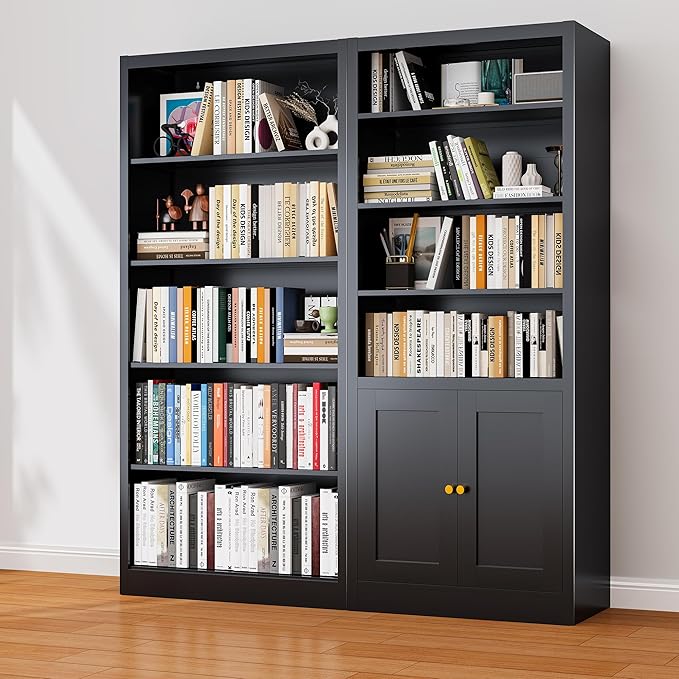 Bookshelves and Bookcases, 5 Shelf Bookcase for Home Office Library Living Room, Metal Bookcase with Adjustable Shelves. Set of 2