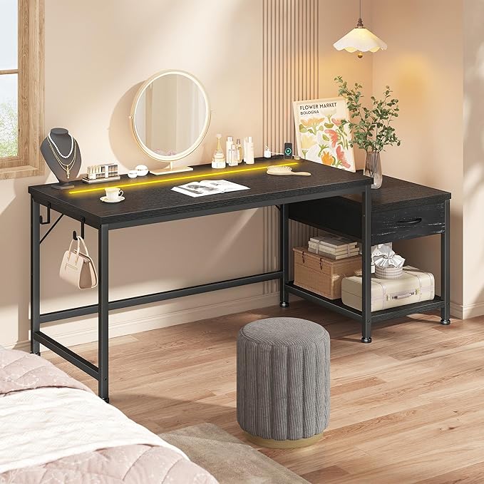 Gaming Desk 48.1 Inch with LED Lights and Power Outlets,Reversible Computer Desk with Drawers and Shelf,Gaming Table with Hooks for Headphone,Bags,Small Desk for Bedroom,Dorm,Black
