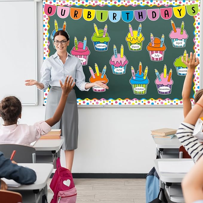 Birthday Bulletin Board Classroom Decorations Colorful Cupcake Cutouts Colorful Candle Name Tags Decoration for Wall Chalkboard Preschool Classroom Decor Teacher Back to School Supplies