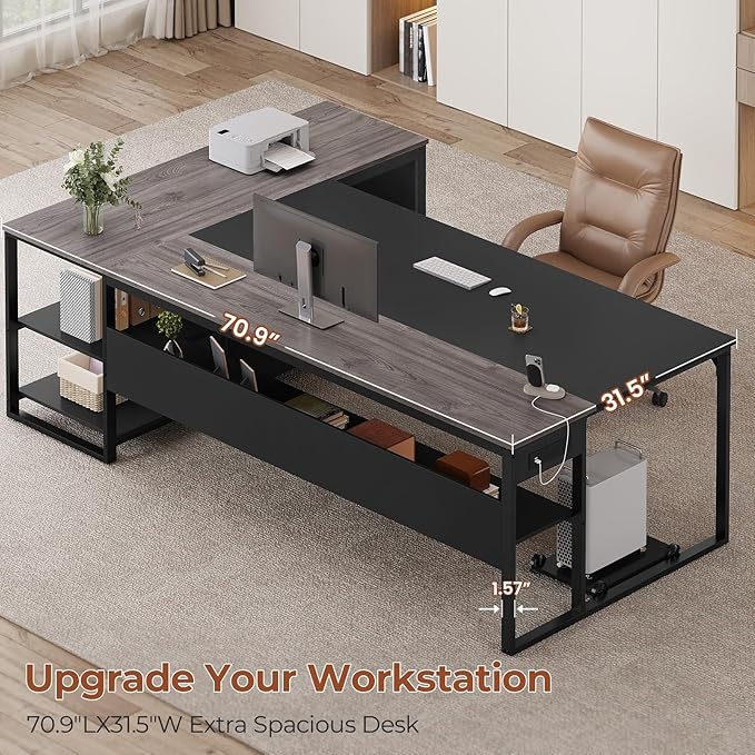 71" Executive Desk, Large Office Desk with Widen File Drawers & Power Outlets, Reversible L Shaped Computer Desk Corner Desk with Storage Shelves, CPU Stand, Hooks, Business Furniture (Grey)