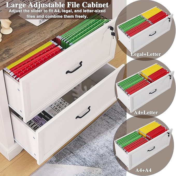 34.6" Farmhouse File Cabinet,Wood File Cabinet with Hanging File Folders,Top Drawer Lockable,Lateral Filing Cabinet for Home Office Compatible with Letter/Legal/A4 Size (2)