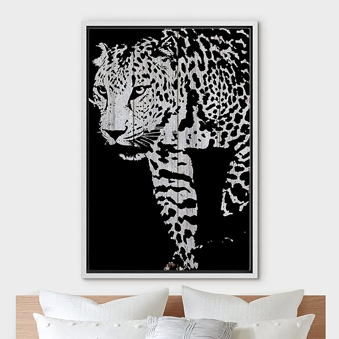 IDEA4WALL Framed Canvas Print Wall Art Grayscale Spotted Leopard on Wood Panels Animals WildLife Illustrations Modern Art Tropical Portrait Dark for Living Room, Bedroom, Office - 16"x24" WHITE