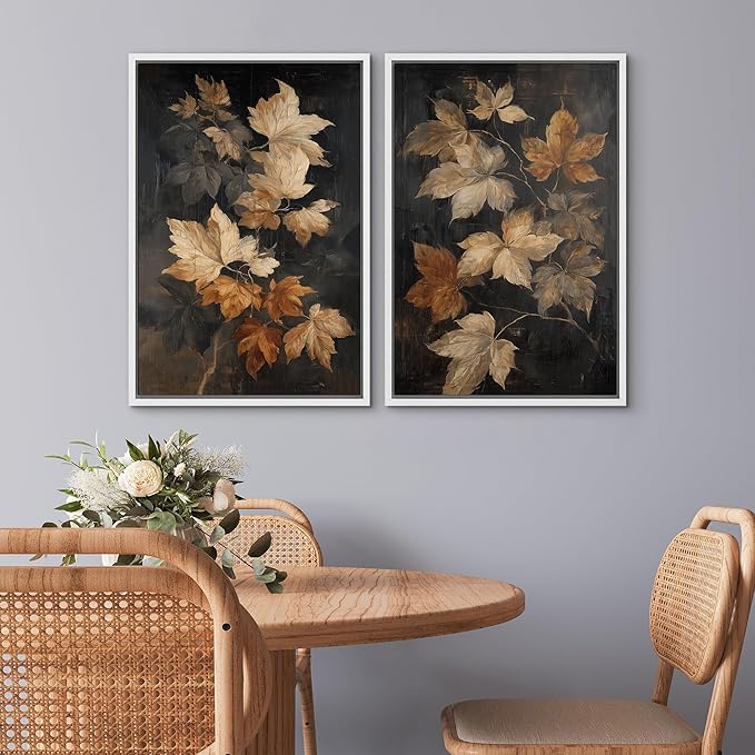 SIGNWIN Framed Canvas Print Wall Art Set Golden Brown Botanical Leaves Vintage Nature Illustrations Modern Art Minimal Boho Relax/Calm for Living Room, Bedroom, Office - 16"x24"x2 White