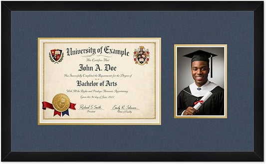 CountryArtHouse Fits 11.69 x 8.27 A4 Certificate and 5 x 7 Photo Diploma and Photo Frame Matte Black Genuine Hardwood with Navy Blue Over Metallic Gold Double mat