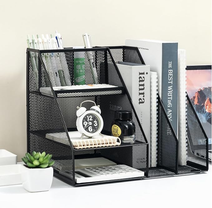 M&G Mesh Pen Holder Desk Organizer, Multi-Functional Pencil Holder with File Holders, Large Capacity Office Desk Accessories, Integrated Design without Installation