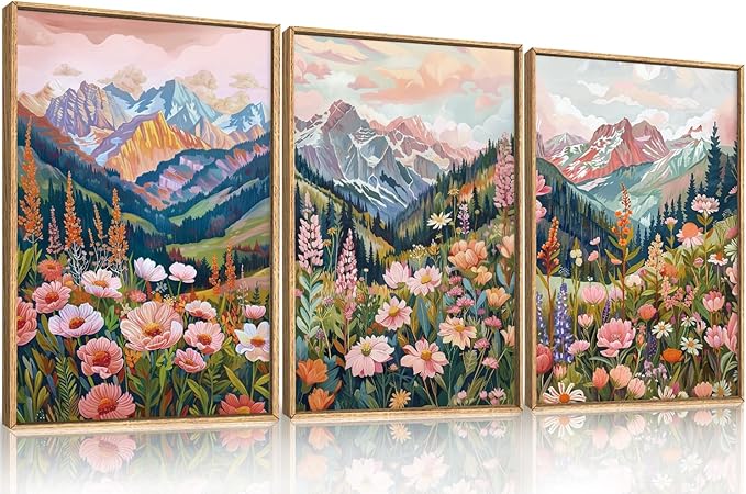 Aryroi Boho Vibrant Spring Mountain Wildflower Framed Canvas Wall Art Set,Colorful Natural Flower Forest Wall Decor,Modern Pink Floral Botanical Landscape Artwork for Living Room,Office,Farmhouse- 16"x24"x3