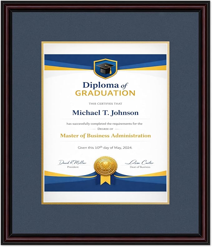 Diploma Frame Executive Brown with Navy Blue Over Gold Double Mat - Fits 11 x 14 College Diploma (Portrait) Wall Display Made in the USA