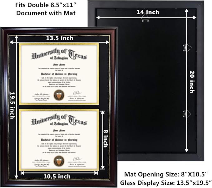 GraduationMall 14x20 Double Diploma Frame, Display 8.5x11 Certificate with Black over Gold Mat,Tempered Glass,Mahogany with Gold Beads