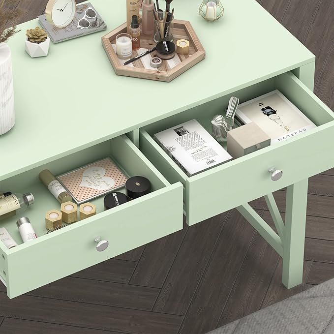 WiberWi Home Office Desk with Drawers, Small Writing Computer Desk for Bedroom, Modern Green Makeup Vanity Table for Girls, Study Table for Home Office