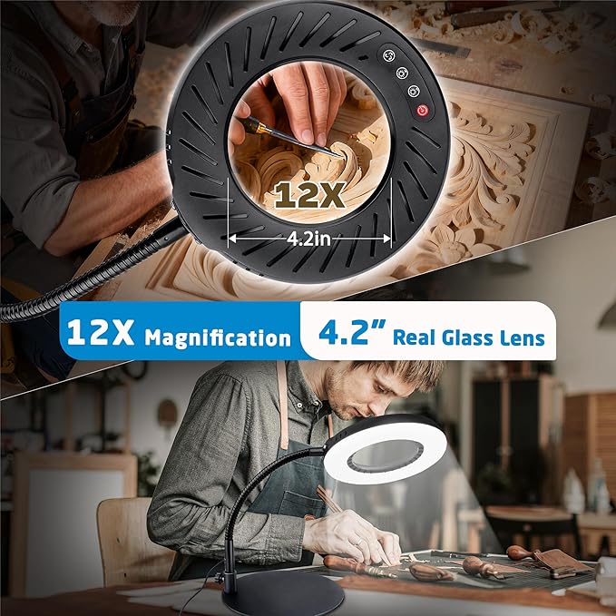 12X Magnifying Glass with Light and Stand, 5 Color Modes, 9 Dimmable Levels, Hands Free Flexible Gooseneck Magnifying Lamp, 2-in-1 LED Desk Lamp for Crafts Hobby Jewelry Sewing Reading Close Work