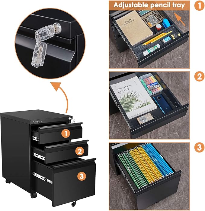 Rolling 3 Drawer File Cabinet with Lock, Black