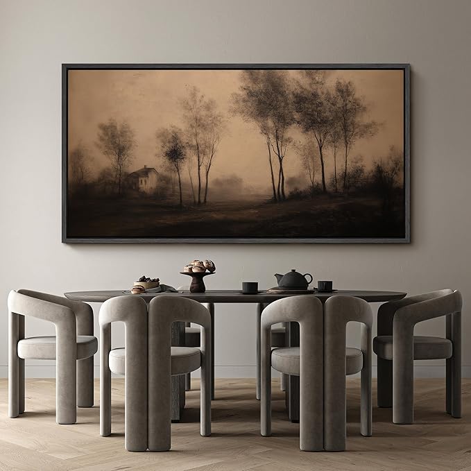 SIGNFORD Extra Large Framed Canvas Print Wall Art Vintage Sepia Countryside Trees and Cottage Illustrations Modern Art Calm Warm for Living Room, Bedroom, Office - 60"x30"