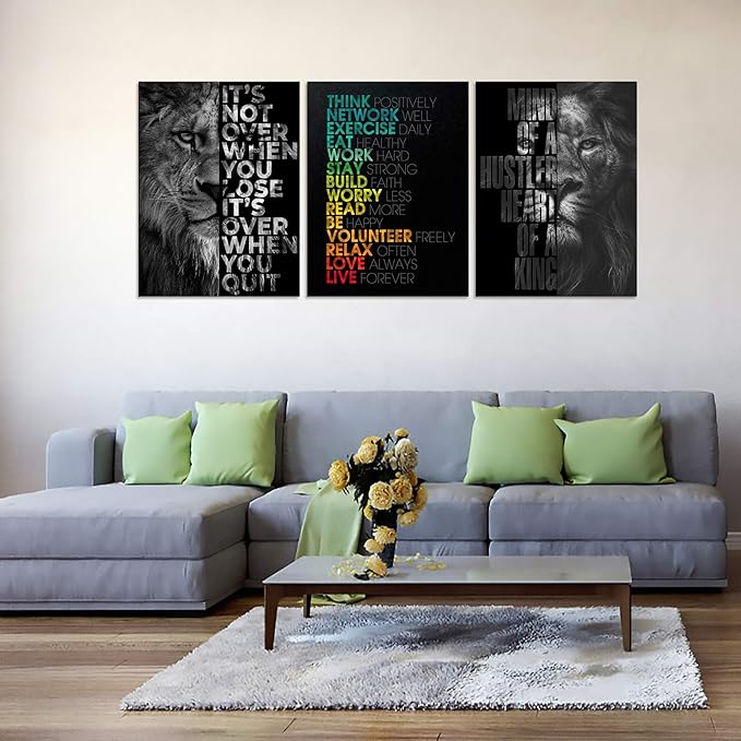 Motivational Office Wall Art Inspirational Canvas Wall Art Hustle Posters Wall Decor Print Entrepreneur Quote Wall Painting Picture 3 Pieces Artwork for Bedroom Home Decor Wooden Framed (36”Wx16”H)