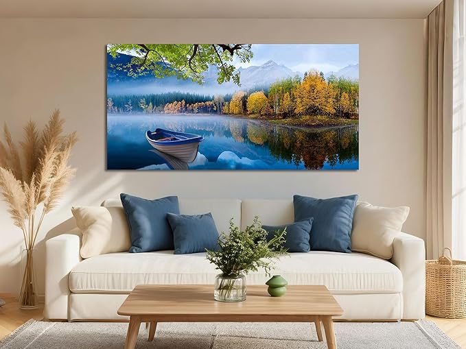 Arjun Landscape Wall Art for Living Room Lake Canvas Blue Picture Bedroom, Nature Boat Artwork Modern Nature Painting Framed Large Home Office Dining Room Wall Decor, Extra Large 58"x29"
