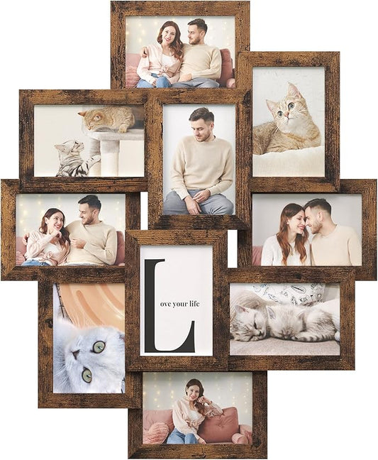 SONGMICS 4x6 Collage Picture Frames, 10-Pack Photo Collage Frame for Wall Decor, Glass Front, Assembly Required, Rustic Brown URPF020X02