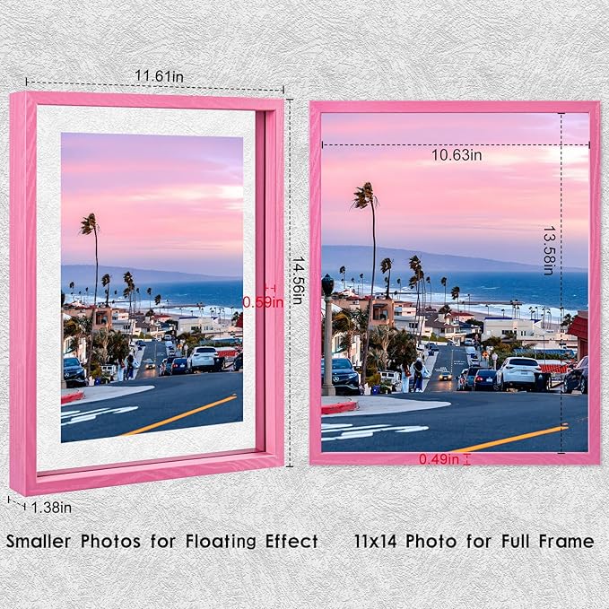 MUYE 11x14 Floating Frame Set of 2,Double Real Glass Photo Frame,Display Any Size Photo up to 11x14,Wall Mount or Tabletop Standing,Pink