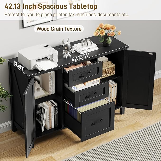 Farmhouse File Cabinet with Doors, Lateral Filing Cabinet with 3 Drawers for Letter/A4 Size Hanging Files, Large Wooden Printer Stand with Adjustable Shelves for Home Office, Rustic Black