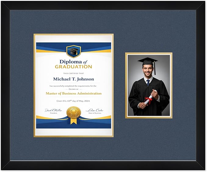 Diploma Frame With Photo Opening Matte Black Navy Blue Over Gold Mat - Fits 8.5 x 11 Degree and Picture Made in the USA