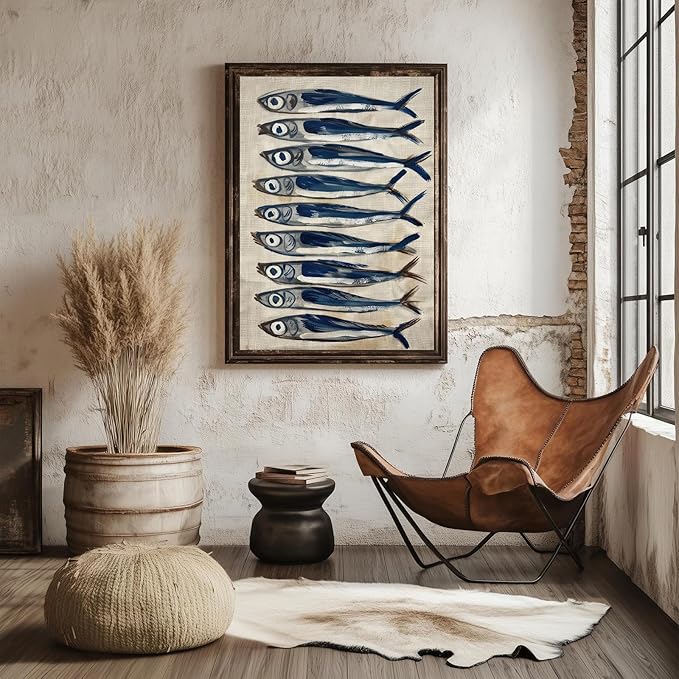 Vintage Canvas Wall Art Decor, Sardine Still Life Farmhouse Wall Prints for Kitchen, Nautical Fish Coastal Home Art, Rustic Posters for Living Room Aesthetic, Unframed Painting Artwork, 16"x24"