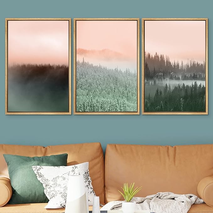 SIGNWIN Framed Canvas Print Wall Art Set Duotone Orange Green Mountain Forest Nature Wilderness Photography Modern Art Rustic Scenic Relax/Calm for Living Room, Bedroom, Office - 16"x24"x3 Natural