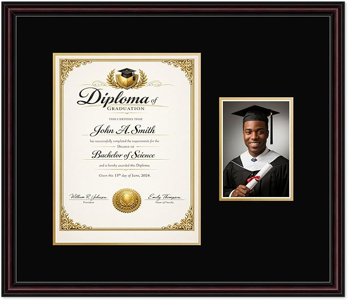 CountryArtHouse Fits 10 x 13 College Diploma (Portrait Traditional) and 5 x 7 Diploma and Photo Frame Executive Brown Genuine Hardwood with Black Over Metallic Gold Double mat