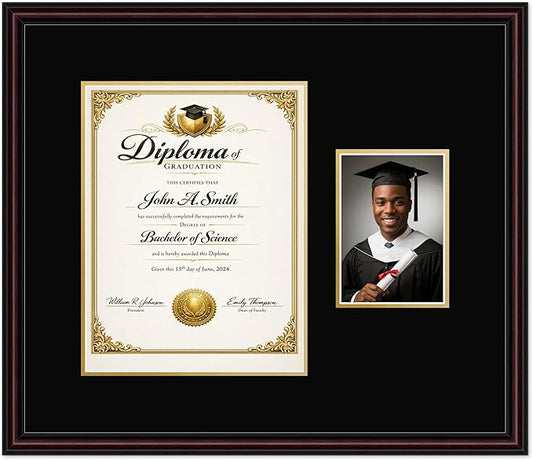 CountryArtHouse Fits 10 x 13 College Diploma (Portrait Traditional) and 5 x 7 Diploma and Photo Frame Executive Brown Genuine Hardwood with Black Over Metallic Gold Double mat