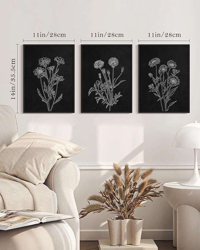 Drsoum Black White Flower Wall Art Vintage Minimalist Floral Wall Hanging Decor Bohemain Botanical Prints Artwork for Office Dining Room Hallway 11x14in Black Framed