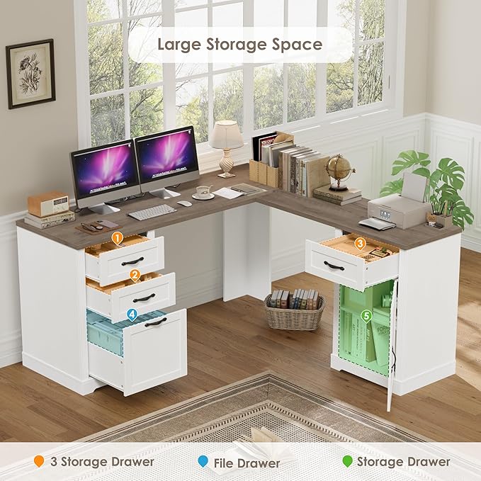 HIFIT Farmhouse Executive L Shaped Desk with Power Outlets, 60" Corner Computer Desk with 3 Storage Drawers & 2 File Cabinets, L Shaped Home Office Desk for Study, White