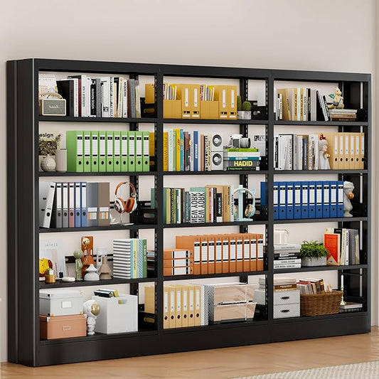 70.9" H Metal Bookshelf, Adjustable Bookcase, 5-Tier Heavy Duty Bookshelf with Bookend, Tall Bookshelves, Bookcase Shelf for Living Room, Office, Library,Classroom (Black-108.30W)